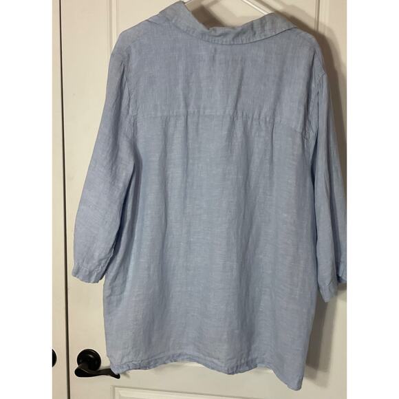Tahari 100% Linen Blue 3/4 Sleeve V Neck Side Button Detail Loose Blouse Plus 1X - Picture 3 of 6